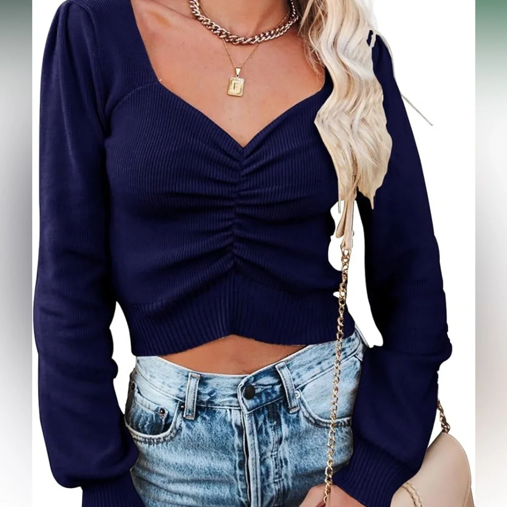 Blue Crop Ruched Ribbed Knit Sweater - Picture 1 of 10